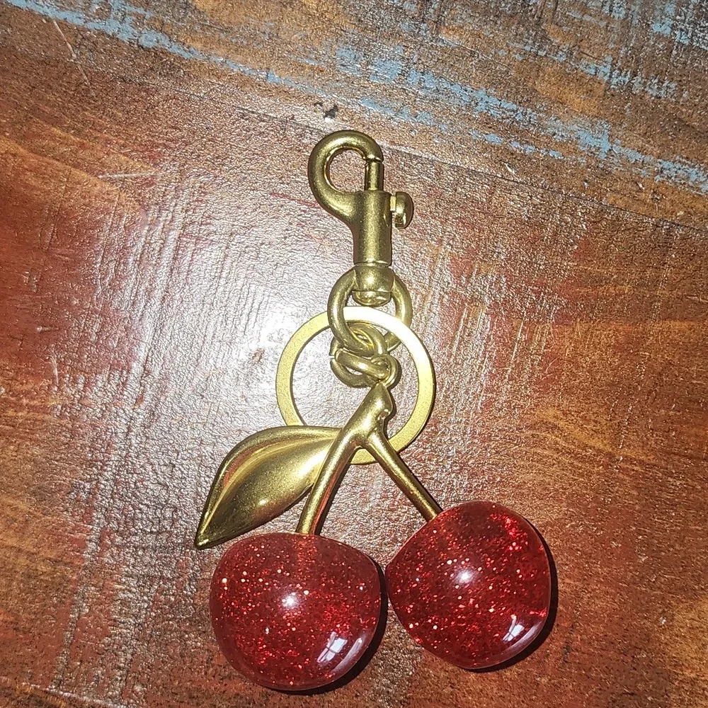 Gold Red Sparkle Gold Cherries Cherry Purse Charm Key Chain NEW